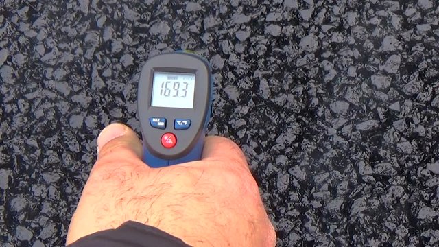 The temperature of the bituminous conglomerate used to asphalt a new road is measured with a laser thermometer