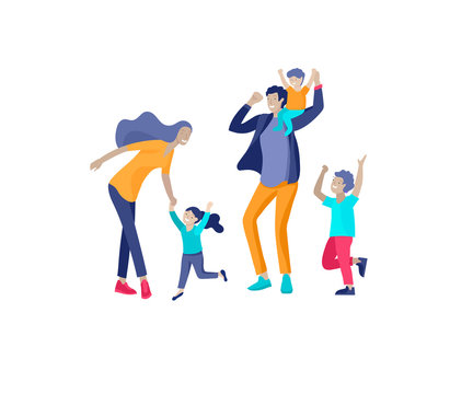 Collection of family hobby activities. Happy Mother, father and children dansing and jumping together. Cartoon vector