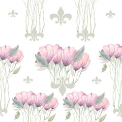 Seamless background with hand painted watercolor soft pink flowers on white background. Watercolor floral design elements.
