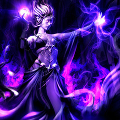 A woman in a black suit conjures purple flame . 3D illustration.