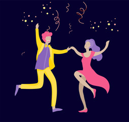 Group of smiling young people or students in evening dresses and tuxedos, happy Jumping and dansing. Prom party, prom night invitation, promenade school dance concept. Vector © merfin