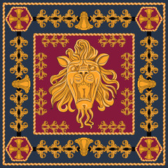 A scarf with a large golden lion head