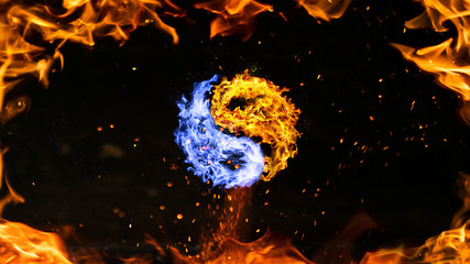 fire yin yang symbol, orange and blue with fire frame