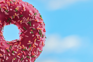 Donut with pink icing and pastry shavings. Confectionery. Traditional American Dainty