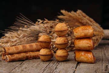 sweet pastries, delicious buns, craft style
