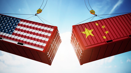 Trade wars concept with American and Chinese flag textured cargo containers clashing. 3D illustration © Destina
