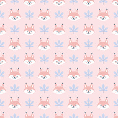 Seamless pattern with squirrel heads and leaves