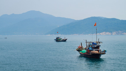 Naklejka na ściany i meble The fishing boats are waiting for the night fishing. Vietnam Hoi An, Da Nang Cu Lao Cham