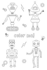 Coloring book with robots black and white illustration.