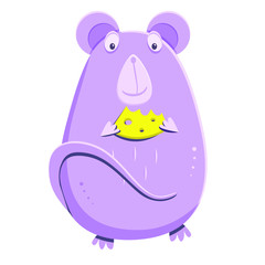Cute lilac mouse with a piece of cheese. Cartoon rat the mascot of 2020 year. Flat image vector illustration