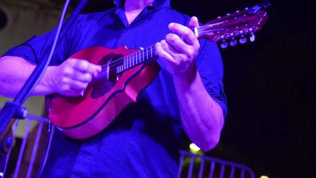 Male musician playing mandolin at music concert. Senior musician playing mandolin on festival with band in a front of audience. 