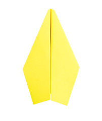 Paper airplane yellow color isolated on white background.