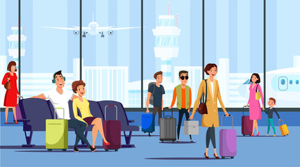 People at airport terminal flat illustration. Vector design element.