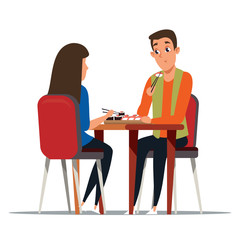 Couple eating sushi flat vector illustration
