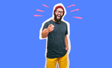 Crazy hipster guy emotions. Collage in magazine style with happy emotions. Discount, sale, season...