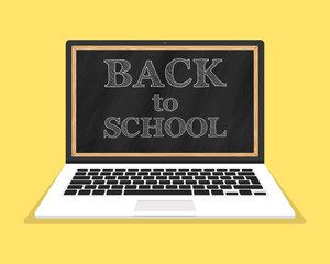 Back to school banner. Laptop and blackboard on screen. Vector illustration.