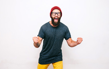 Naklejka premium Crazy hipster guy emotions. Collage in magazine style with happy emotions. Discount, sale, season sales.