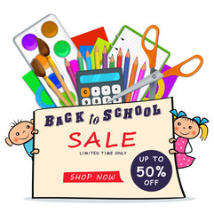 Back to school sale banner 50 percents discount, hand drawn cartoon boy and girl children, realistic colorful school supplies like calculator, scissors, measure ruler, pencils, paint brushes palette