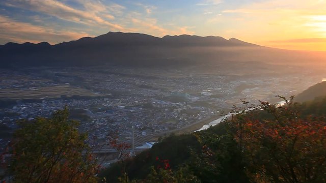 Ueda&nbsp;city and mountains seen from&nbsp;Komaki&nbsp;Castle at sunrise,  Japan