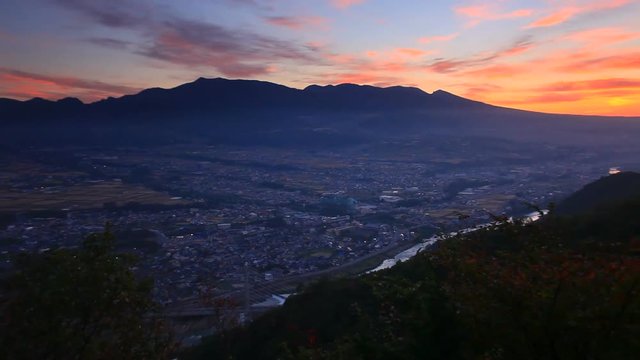 Ueda&nbsp;city and mountains seen from&nbsp;Komaki&nbsp;Castle at sunrise,  Japan