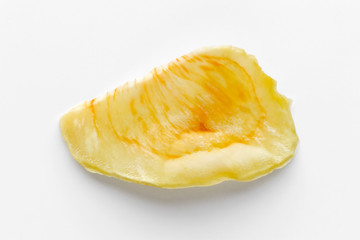 Crispy durian chip on a white background, top view with clipping path