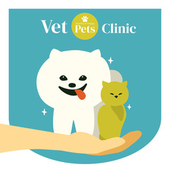Design for vet clinic, pet care, medicine, veterinary hospital. Vector illustration of healthy dog and cat are sitting in the hand. Template for banner, leaflet, brochure, flyer, presentation, blog.
