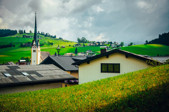 Rural landscape in Switzerland, Church and houses