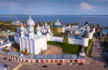 Obraz premium Aerial view of district of Rostov-on-don on riverside with church