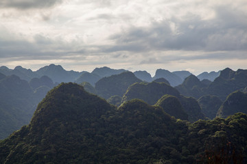 Panoramic landscape. Vietnam. Rocks and mountains of Cat Ba Island in Vietnam.