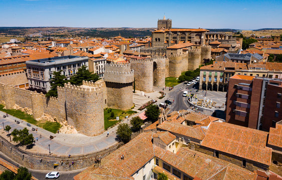 View from drone of fortified city of Avila with Cathedral