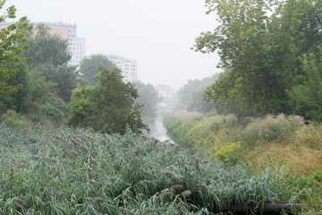 irrigation water channel in Warsaw on foggy morning