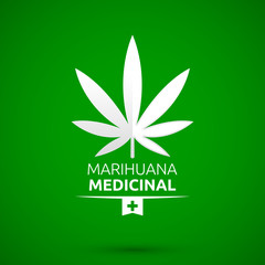 Marihuana Medicinal, Medical Marijuana spanish text, vector emblem design.