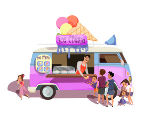 Ice cream van, food truck flat vector illustration