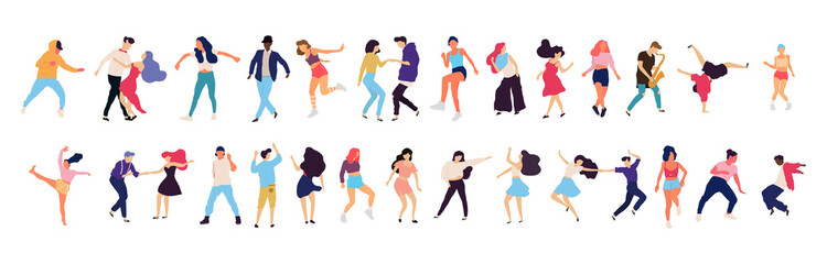 Crowd of young people dancing at club. Big set of characters having fun at party. Flat colorful vector illustration. - Vector