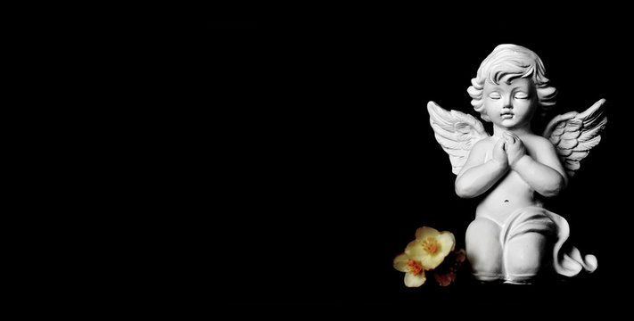 Condolence card with guardian angel and jasmine flowers on black background