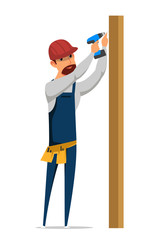 Carpenter drilling wooden beam vector illustration
