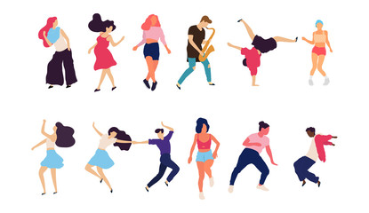 Crowd of young people dancing at club. Big set of characters having fun at party. Flat colorful vector illustration. - Vector
