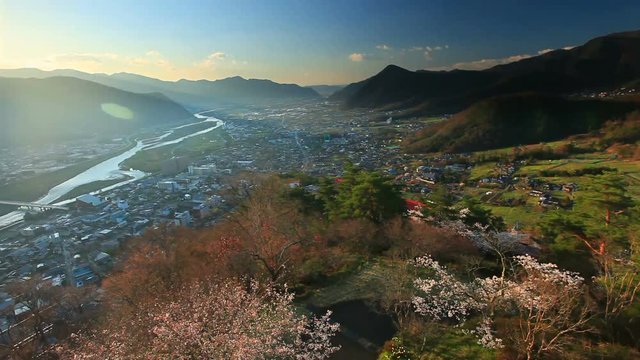 View of sea and coastline with castle ruins,  Chikuma City,  Nagano&nbsp;