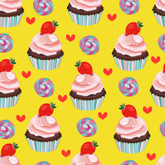 Vector seamless strawberry cupcake, cake, muffin print, pattern,background. Soft pink and blue colors.