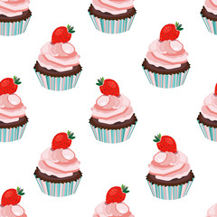 Vector seamless strawberry cupcake, cake, muffin print, pattern,background. Soft pink and blue colors.