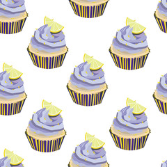 Vector seamless pattern with cupcakes, cakes, muffins. Desserts with lavander cream and lemon slices,pieces. Bakery print. Violet, yellow colors