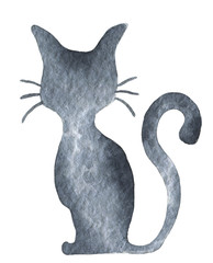 Black cat silhouette with mustache and curled tail. Happy Halloween party. Hand drawing watercolor isolated clip art graphic elements for creative design, printable decor.