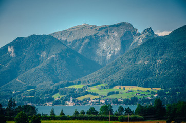 Fototapeta premium Lake under mountains, alps landscape, Switzerland
