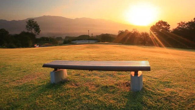View of bench on lawn,  Ueda City,  Nagano Prefecture