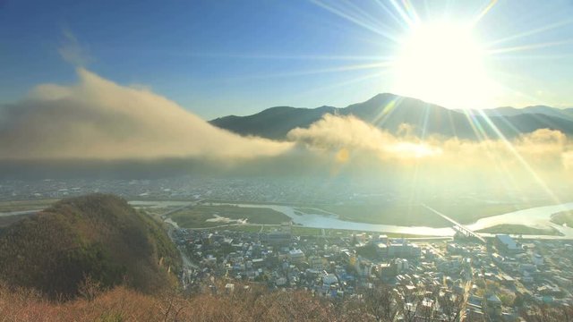 View of sea and coastline with castle ruins,  Chikuma City,  Nagano&nbsp;