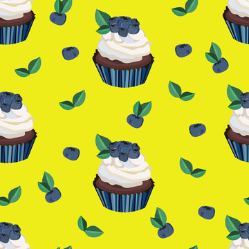 Vector seamless pattern,background,texture with bluberry capcake, berries and leaves. Nice dessert print