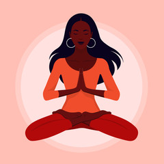 A young woman levitates. Yoga and relaxation. Girl sitting in lotus position with her eyes closed. Vector flat illustration
