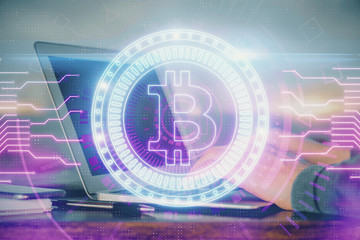 Blockchain theme hud with businessman working on computer on background. Concept of crypto chain. Double exposure.