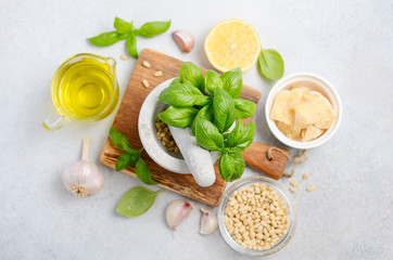 Ingredients for making green pesto sauce Top view Flat lay