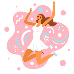 Happy beautiful girl jumping, including decorative background.